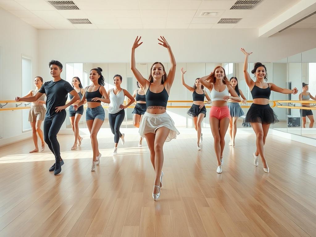 A group of young dancers practicing together in a bright