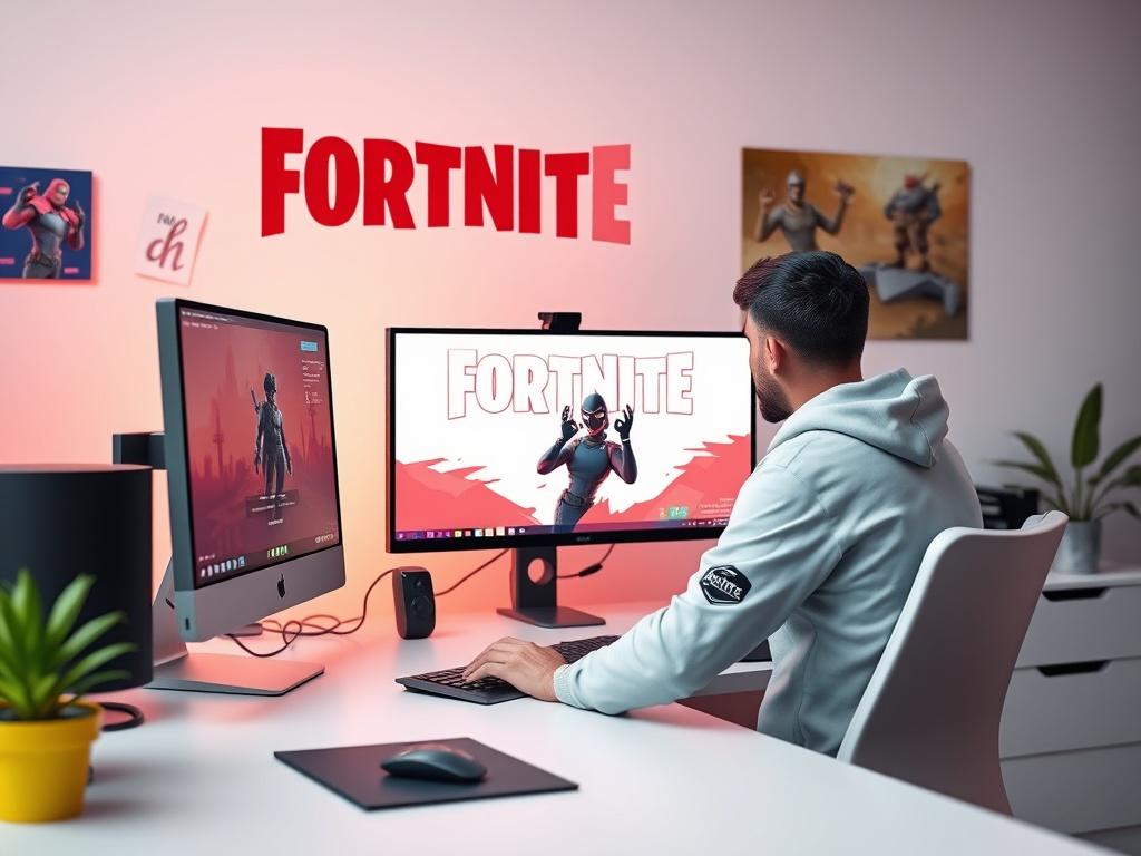 A high-resolution image showcasing a creative workspace with a designer at a computer screen, focused on creating Fortnite logos and banners. The workspace is minimalistic with clean lines, featuring vibrant colors that reflect the essence of gaming. The background includes subtle Fortnite-themed elements, but no text or abstract shapes, ensuring a clear and engaging composition.
