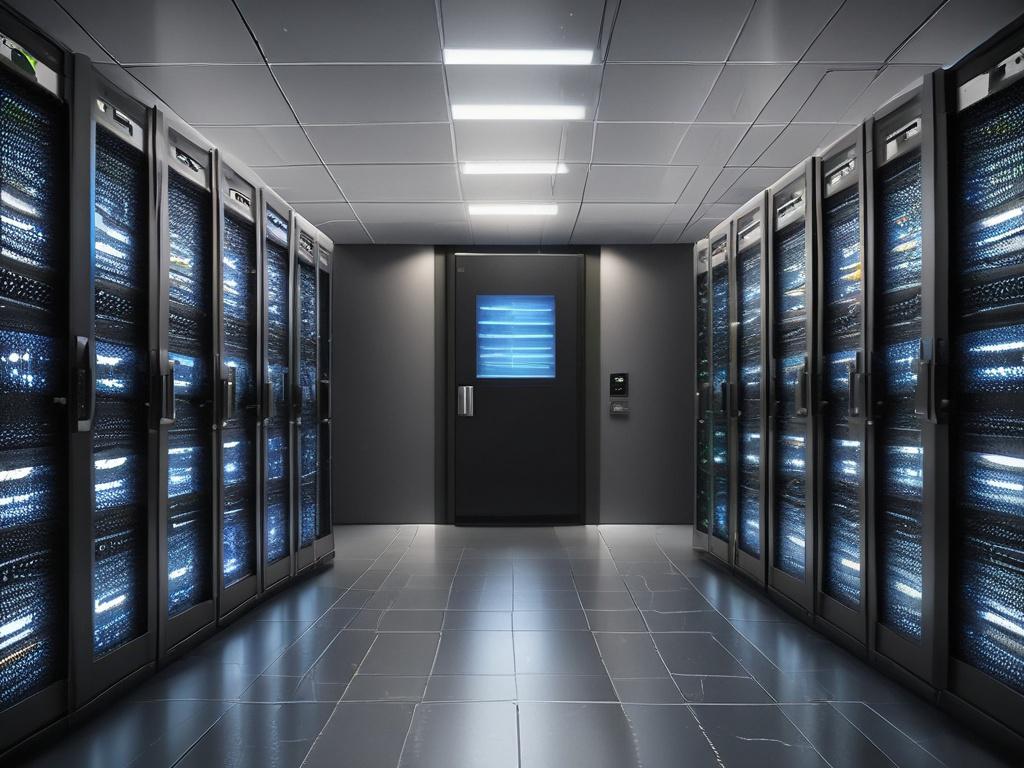 A high-resolution, hyper-realistic close-up shot of a server rack in a modern data center. The focus is on a single server unit with glowing lights indicating active processes, showcasing its sleek design and efficient cooling. The background should be slightly blurred to emphasize the server while maintaining a professional tech environment. The primary color theme should resonate with rgb(245, 77, 77), adding visual interest to the overall image.