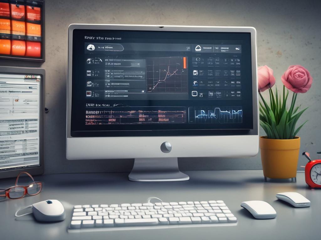 A close-up shot of a computer screen displaying a patch management software interface. The screen shows progress bars and notifications indicating software updates in action. The background is a modern office setting with a blurred effect, emphasizing the screen. The image should be rendered in hyper-realistic quality, shot with a 45mm f/1.2 lens style. The primary color theme should align with rgb(245, 77, 77), enhancing the visual appeal.