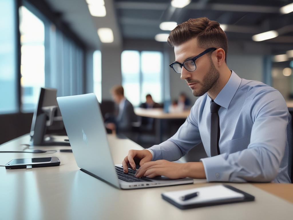 A hyper-realistic close-up shot of a professional IT administrator managing Azure Entra ID Management on a sleek laptop. The background features a modern office environment with soft lighting, showcasing a digital interface displaying user access controls and security settings. The subject is focused, demonstrating expertise and confidence, with vibrant red accents in the decor to align with the primary color theme of rgb(245, 77, 77). The image should reflect a high level of professionalism and technologic