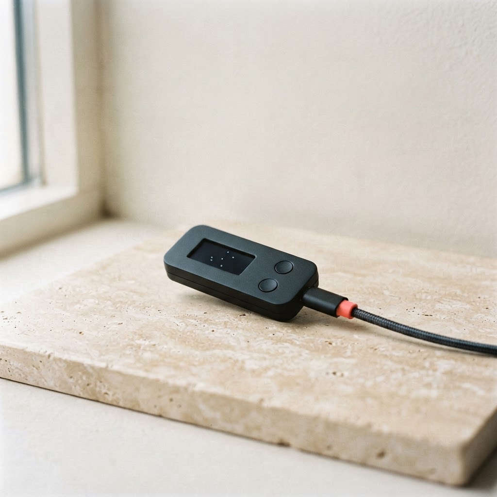 A compact black hardware wallet resting on a softly lit surface