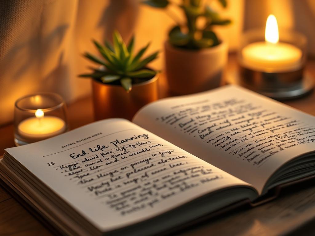 A realistic high-resolution close-up shot of an open notebook with handwritten notes about end-of-life planning, surrounded by soft, warm lighting. The background should be a serene and calming environment, featuring a small potted plant and a lit candle to evoke a sense of peace and reflection. The composition should focus on the notebook and notes, capturing the intimate and personal nature of the subject matter.