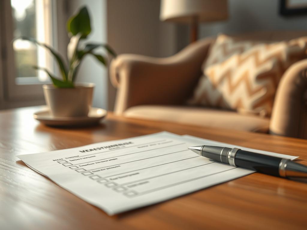 A high-resolution image showing a close-up of a filled-out questionnaire resting on a desk, with a pen placed beside it. The setting should be warm and inviting, featuring soft natural light. The background may include subtle elements like a comforting chair or a plant, symbolizing tranquility and thoughtfulness.