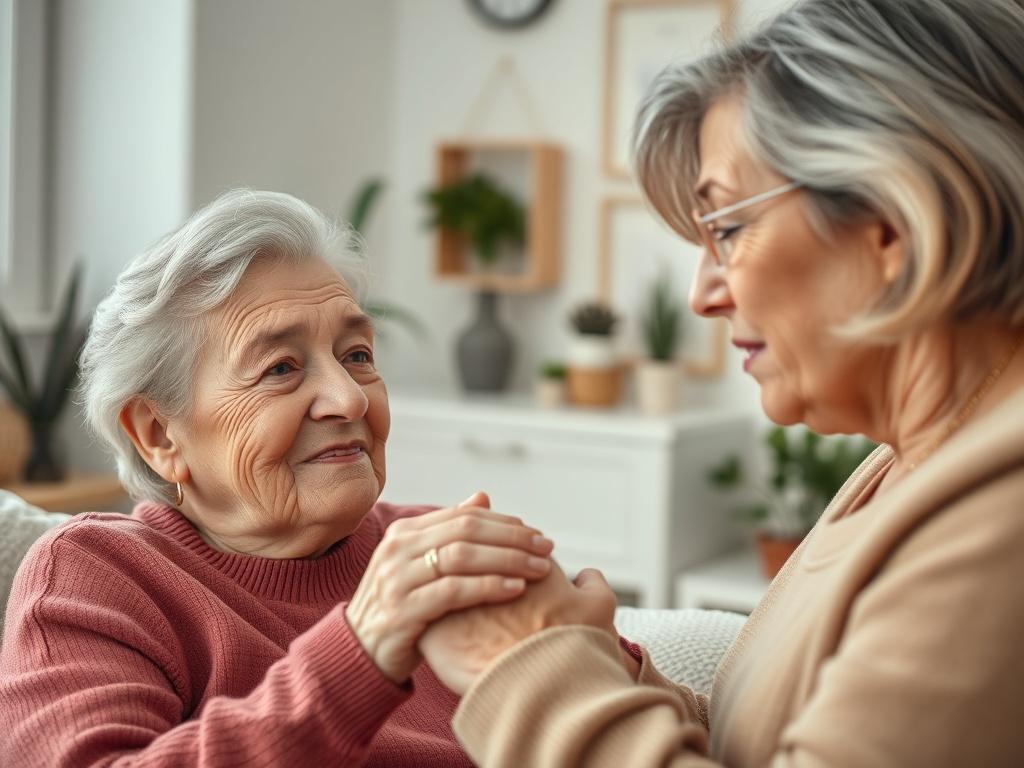 A serene and compassionate close-up shot of a doula comforting an elderly person in a peaceful, softly lit room. The doula, a middle-aged woman with warm, caring eyes, is gently holding the hand of the elderly person, who has a look of relief and comfort on their face. The background features a calming environment with soft colors, plants, and personal touches that create a sense of safety and warmth.