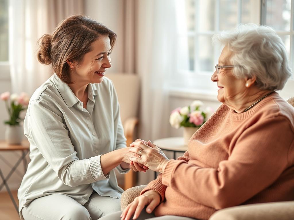 A compassionate doula gently holding the hand of an elderly person, sitting in a sunlit room filled with soft, warm colors. The background features a comfortable chair and a small table with flowers, creating a serene atmosphere. The focus is on the connection between the doula and the elderly person, capturing a moment of support and care.