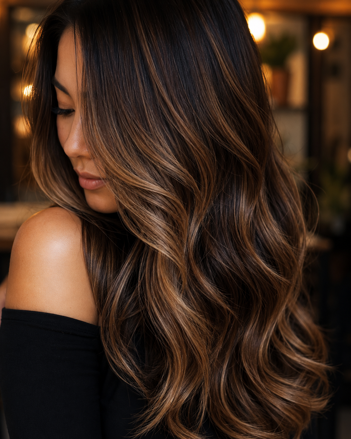 Glossy caramel balayage waves styled at Solène Hair Atelier