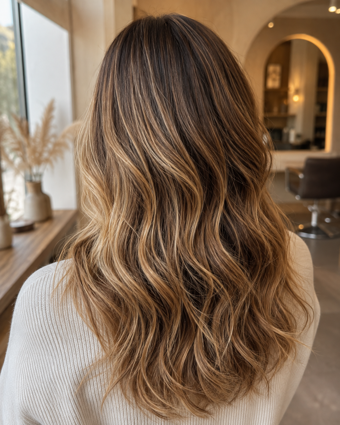 Honey-blonde lived-in balayage with soft waves, back view