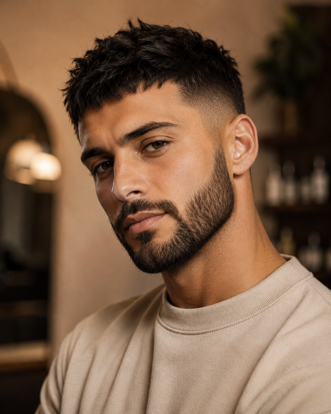 Textured crop haircut and clean beard trim for men