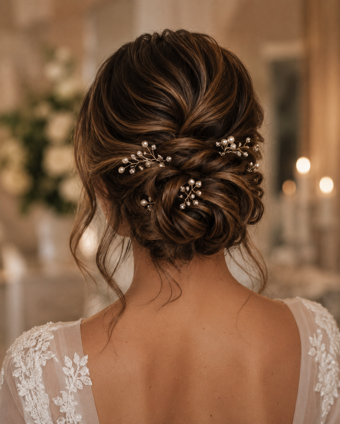 Bridal updo with soft face-framing pieces and pearl pins