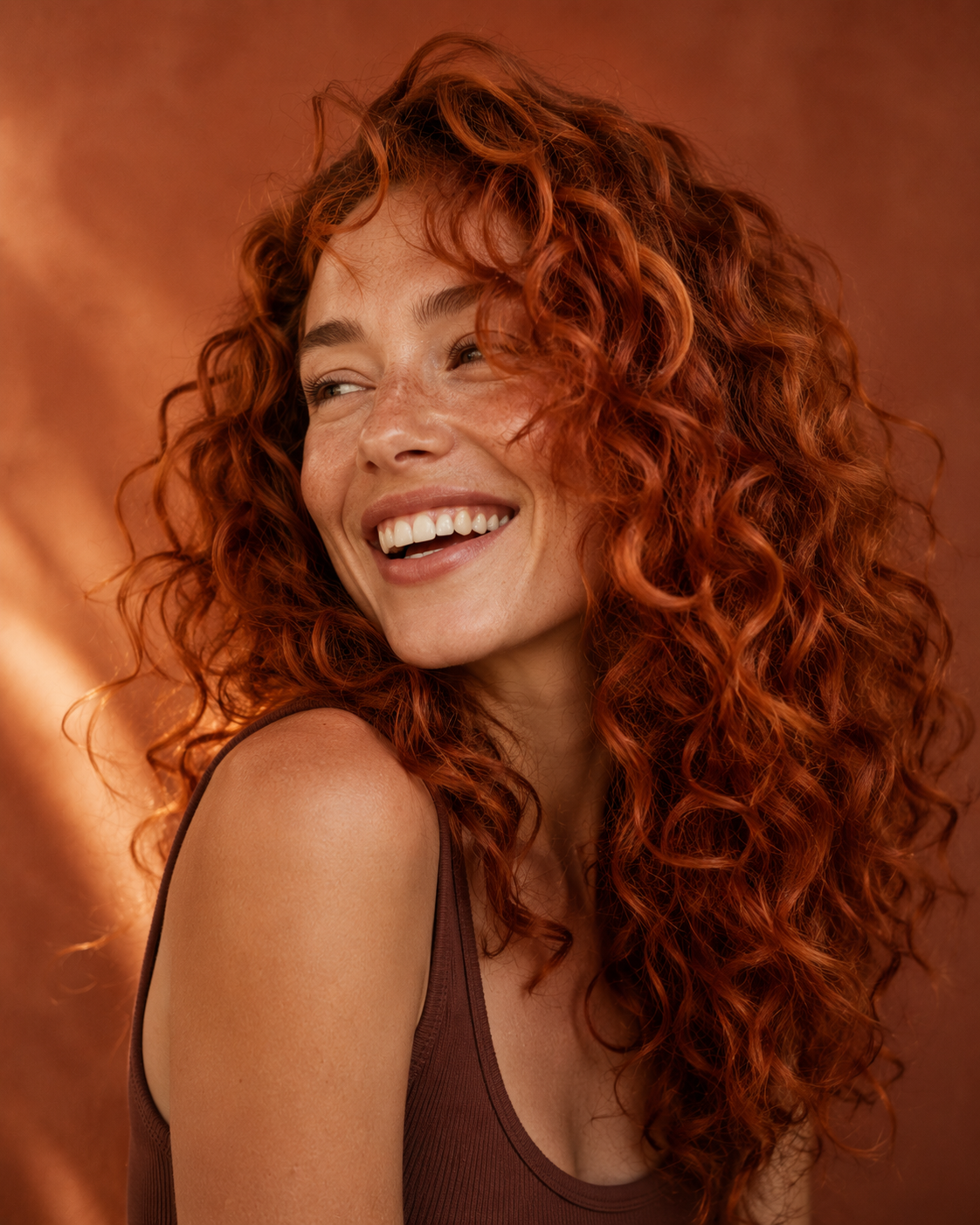 Vivid copper red curly color transformation