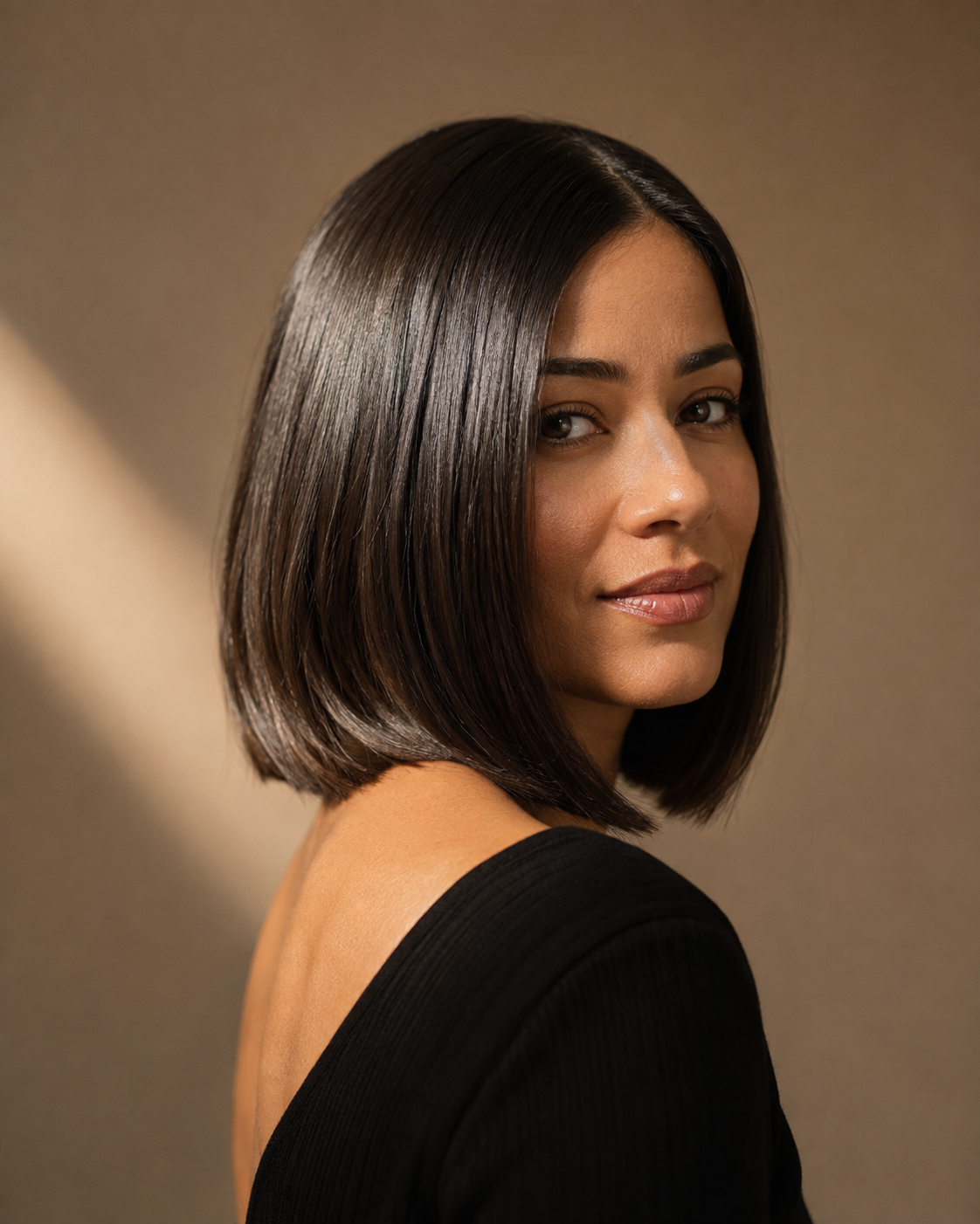 Sleek glass-hair silk press bob in glossy dark brown