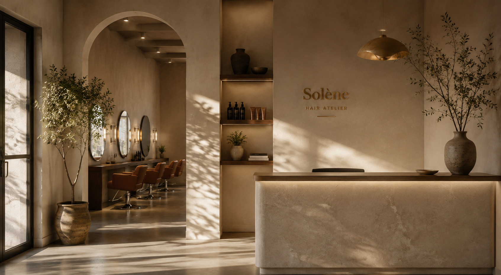 The sunlit interior of Solène Hair Atelier with brass mirrors and tan leather styling chairs