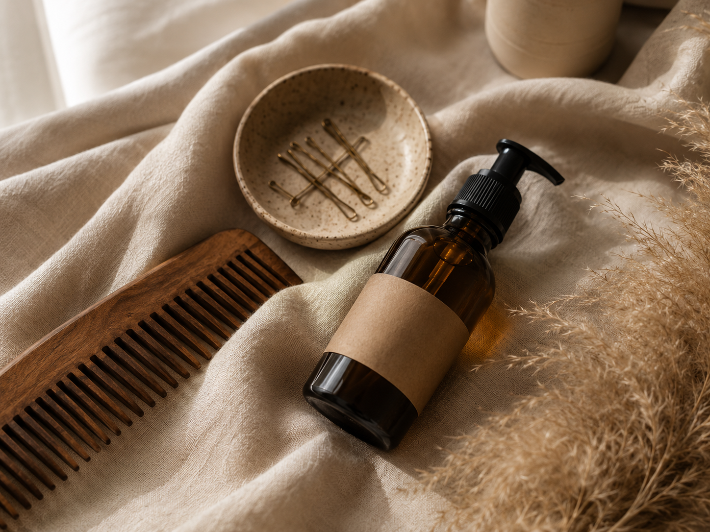 Premium salon tools arranged on warm beige linen
