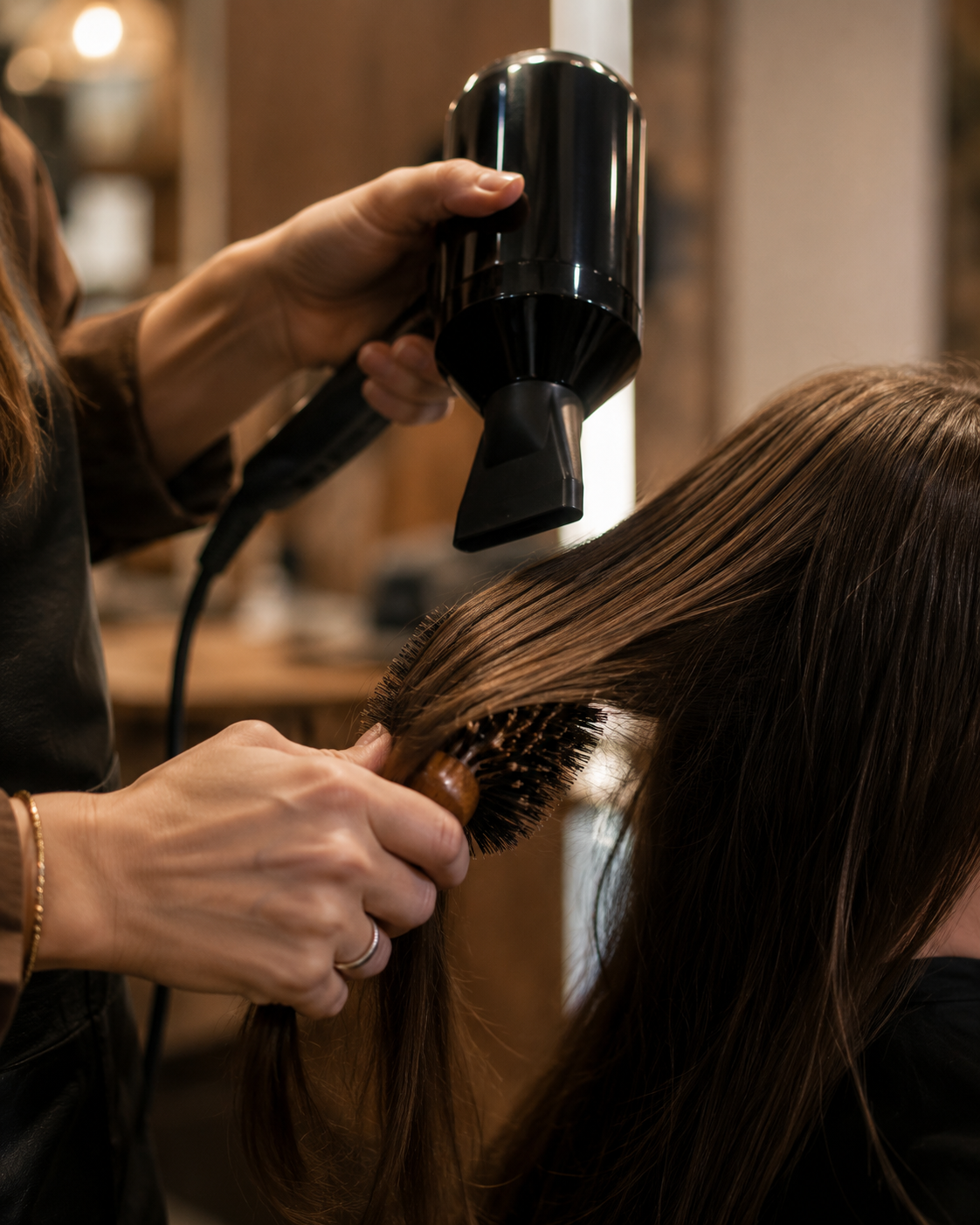Stylist blow-drying a client's hair with a round brush