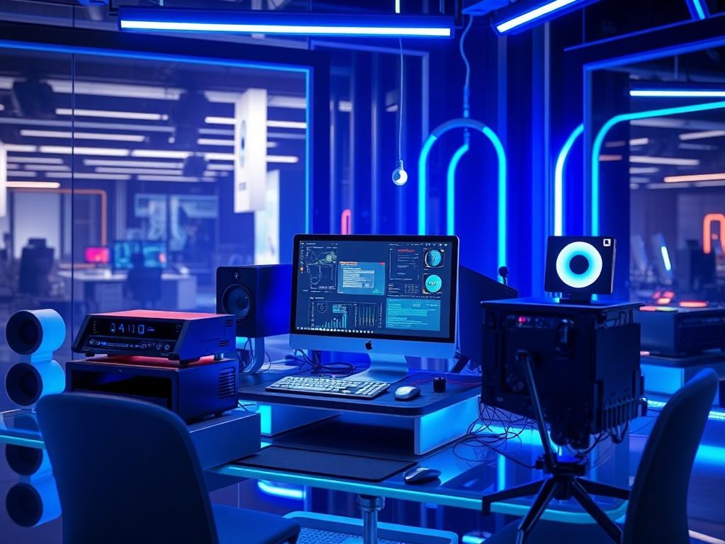 Create a realistic high-resolution photo featuring a futuristic workspace with advanced technology. The scene should showcase a sleek computer setup surrounded by vibrant blue and silver accents, illuminated with dynamic lighting. The background should convey a sense of innovation and creativity, highlighting a modern, high-tech environment.