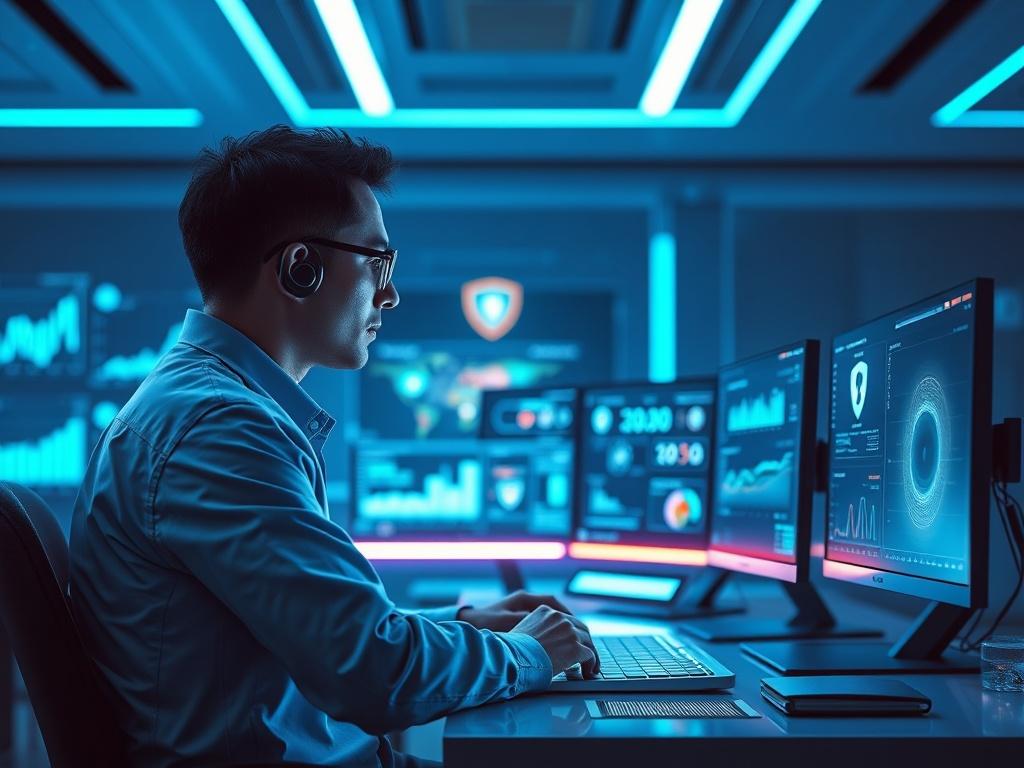 A high-resolution image depicting a futuristic cybersecurity office setting. The focus is on a central figure, a cybersecurity expert analyzing data on multiple high-tech screens displaying graphs, metrics, and security alerts. The background is sleek and modern, illuminated with dynamic lighting in vibrant blues and silvers, creating a high-tech vibe. The primary color should be rgb(29, 198, 181), enhancing the contemporary feel of the environment.