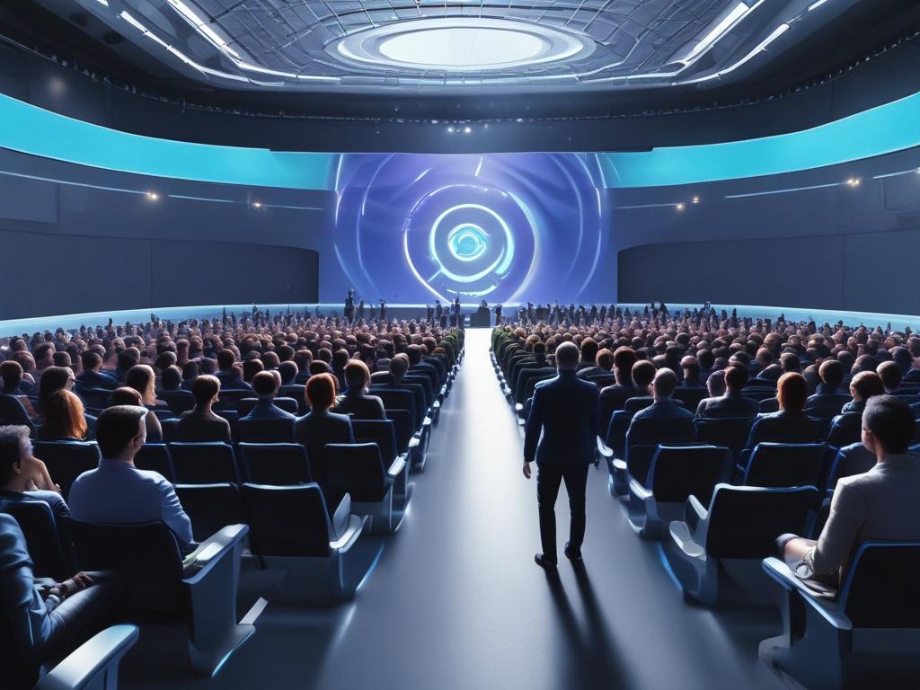 A futuristic speaker on stage delivering a keynote presentation in a well-lit conference hall, surrounded by an engaged audience. The speaker, a middle-aged Black man in a smart suit, is animatedly discussing cybersecurity topics with a digital presentation in the background. The scene is illuminated with dynamic lighting in vibrant blues and silvers, creating a high-tech atmosphere. The audience's expressions reflect interest and curiosity, while the background subtly features elements of technology and cy