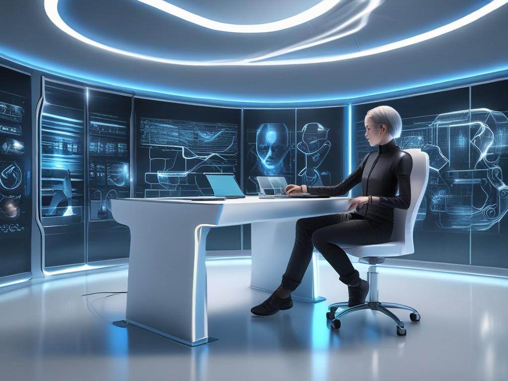 Create a realistic high-resolution photo of a single individual seated at a sleek, futuristic workstation immersed in a cyber environment. The subject is a focused professional wearing minimalistic, modern tech attire with subtle cybernetic accessories, such as a smart wrist device or augmented reality glasses. The composition centers the subject in a clean, uncluttered space illuminated by dynamic lighting featuring vibrant blues and silvers, with ambient neon glows that reflect the cyber theme. The backgr