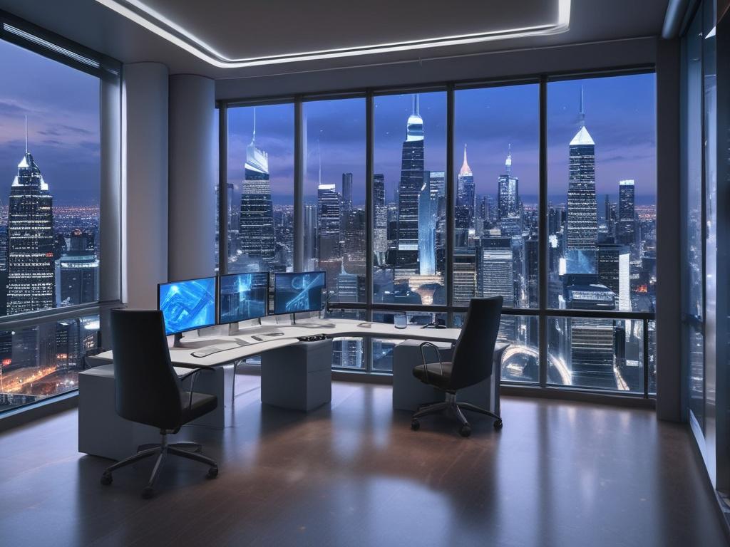A high-tech office environment featuring a sleek, futuristic workstation with glowing screens displaying cybersecurity data and analytics. The background should include a modern cityscape visible through large windows, illuminated by dynamic lighting in vibrant blue and silver tones. The focus should be on the workstation where a cybersecurity professional is analyzing data, showcasing an atmosphere of advanced technology and information security.