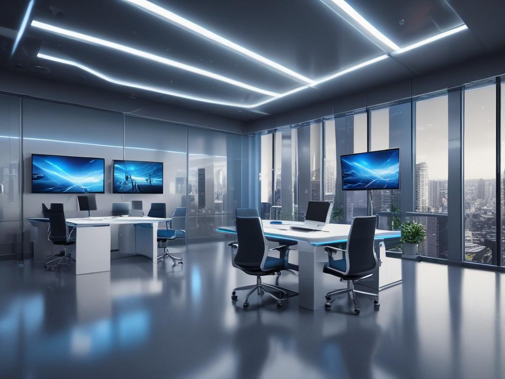 A futuristic office space showcasing advanced technology  The scene