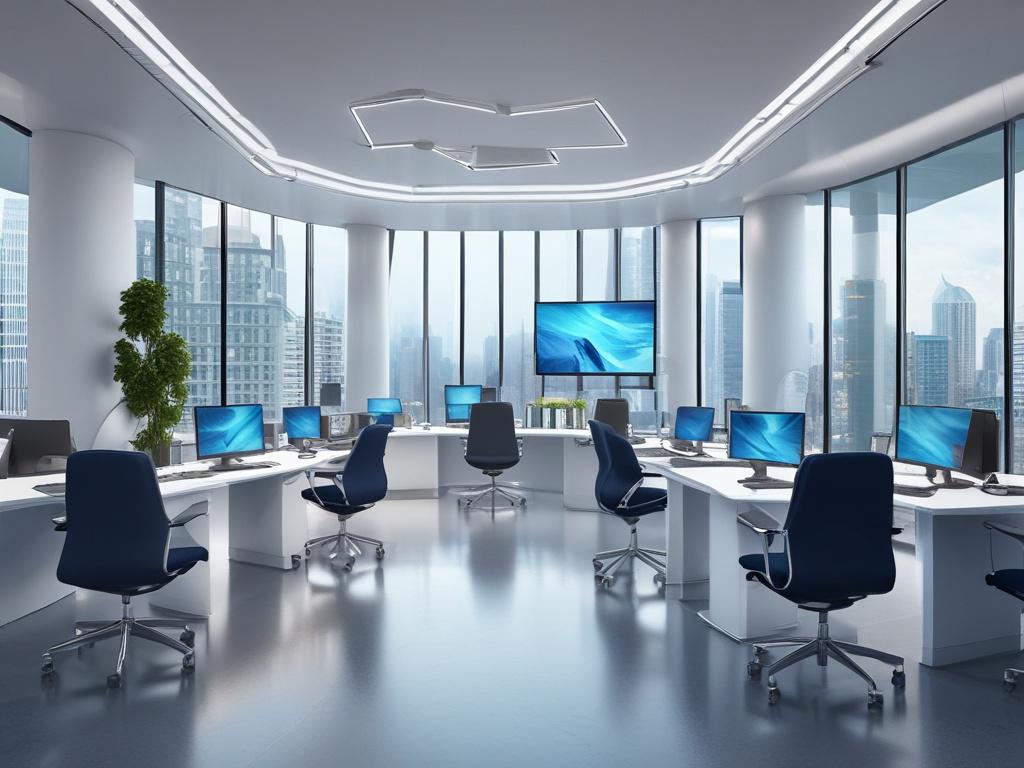 A futuristic office space showcasing a diverse team of professionals