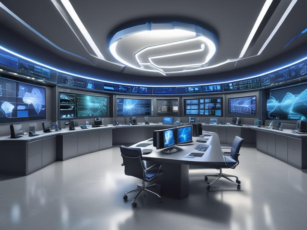 A high tech security operations center with multiple screens displaying