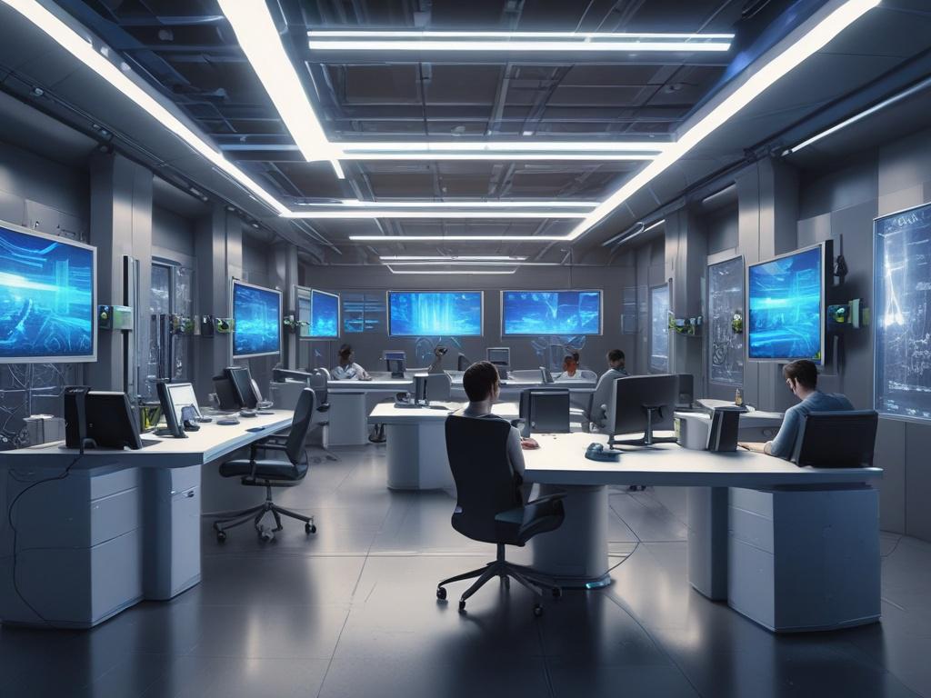 An advanced AI development lab showcasing a team of engineers