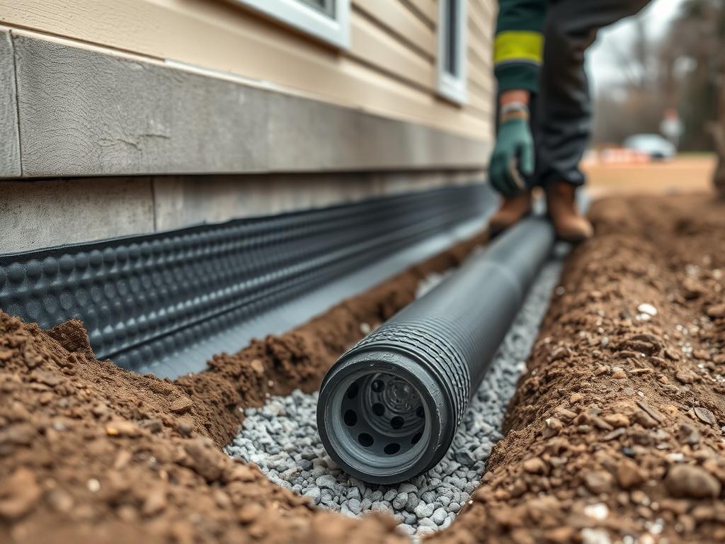 Photorealistic image of an exterior foundation waterproofing excavation beside a residential home, featuring an open trench along the concrete foundation wall. The black dimpled drainage membrane is applied to the wall, with a perforated drain pipe bedded in clean gravel at the footing. The scene is set in overcast soft daylight, highlighting the damp soil texture. A worker in gloves is positioning the pipe. The composition has a shallow depth of field, with a natural color grade, in a 4:3 landscape format,