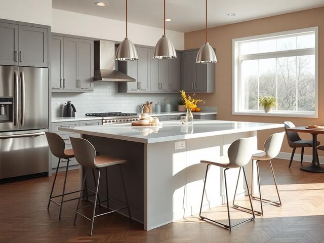 Create a realistic high-resolution photo depicting a beautifully designed kitchen layout focused on functionality and aesthetics. The composition should feature a single kitchen island at the center, showcasing a blend of modern and traditional elements. The kitchen island should have a glossy white countertop with elegant bar stools arranged around it, emphasizing a welcoming and inviting space. 

In the background, include sleek cabinetry in a soft gray tone, with stainless steel appliances reflecting a s