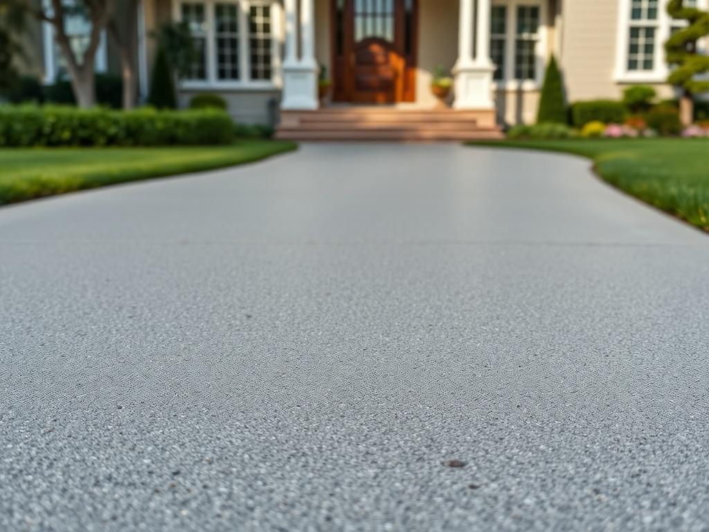 A hyper-realistic close-up shot of a freshly poured concrete driveway and walkway. The driveway has a smooth finish and is bordered by lush greenery, while the walkway leads to a beautifully designed entrance of a home. The focus is on the texture of the concrete, showcasing the intricate details, with soft natural lighting enhancing the overall composition. The background features a well-maintained lawn and a few ornamental plants, adding to the welcoming atmosphere.