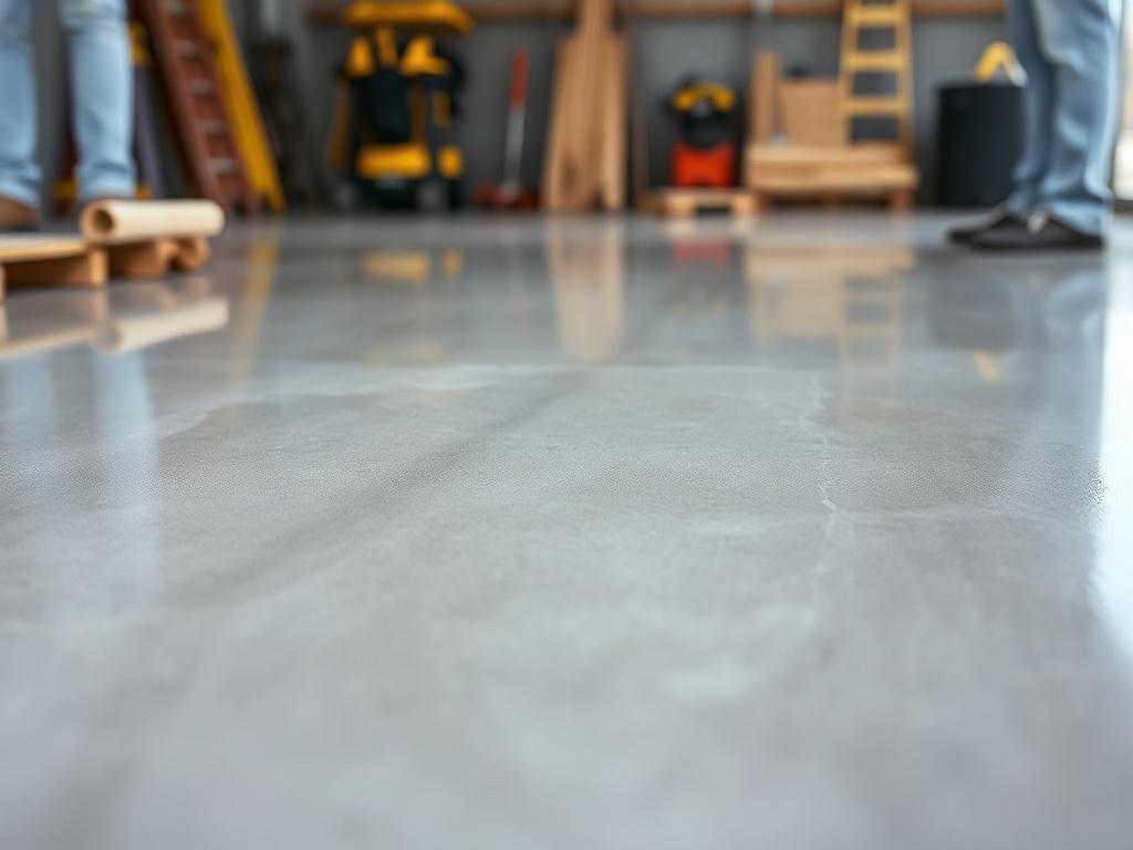 A close-up shot of a freshly poured concrete slab, showcasing its smooth, level finish. The surface is slightly wet, reflecting light, indicating it is newly completed. In the background, subtle hints of construction tools and a clean, organized work area can be seen. The primary color theme aligns with rgba(0, 96, 156, 1), ensuring the image is vivid and attractive.