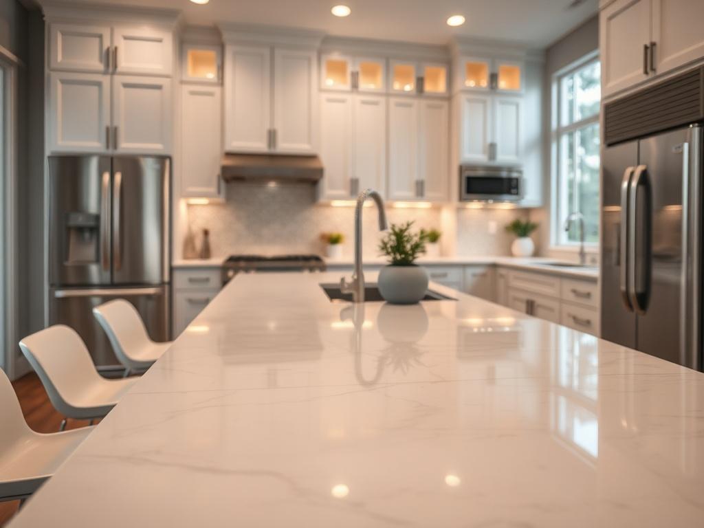Create a realistic high-resolution image showcasing a beautifully remodeled modern kitchen, reflecting the latest trends in kitchen remodeling. The composition should focus on a single subject: a stunning kitchen island with sleek, contemporary design. The kitchen island should feature a smooth marble countertop, complemented by stylish bar stools with minimalist design.

In the background, showcase elegant cabinetry with a light, airy color palette, combined with stainless steel appliances that gleam under