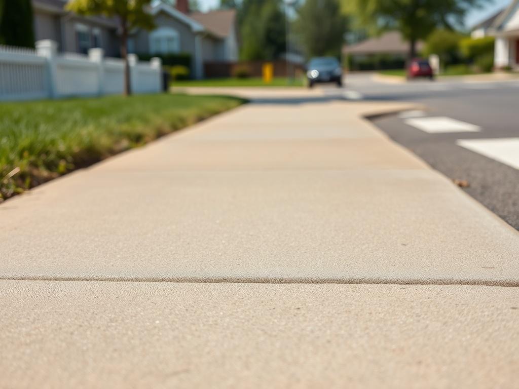 A high-resolution close-up shot of a freshly poured concrete sidewalk, showcasing the smooth texture and clean lines. The focus should be on one section of the sidewalk, with a slightly blurred background of a residential area, highlighting the contrast between the new concrete and the surrounding environment. The lighting should be bright, emphasizing the clarity and details of the concrete surface.