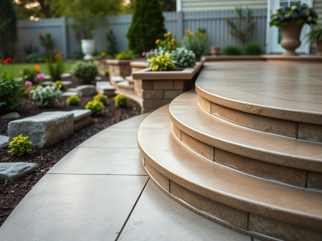 A close-up shot of a beautifully crafted concrete patio with steps, showcasing intricate textures and finishes. The setting includes a well-manicured garden in the background, with soft lighting highlighting the patio. The scene captures the essence of durability, designed for New England weather, with a focus on the craftsmanship of the concrete work.
