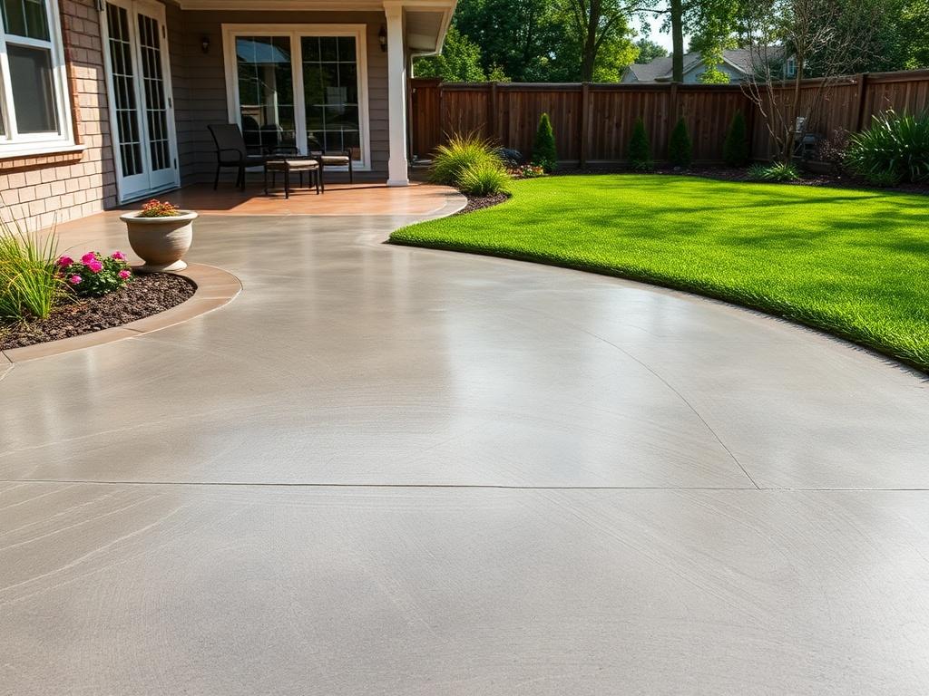 A beautifully finished poured patio that seamlessly matches the surrounding property, showcasing a smooth and durable surface designed to withstand freeze-thaw cycles. The patio should be set in a backyard environment, with lush green grass and a few decorative plants around it. The focus should be on the texture and quality of the concrete, highlighting its resilience and aesthetic appeal. The lighting should be natural, emphasizing the patio's finish and the integration with the surroundings.