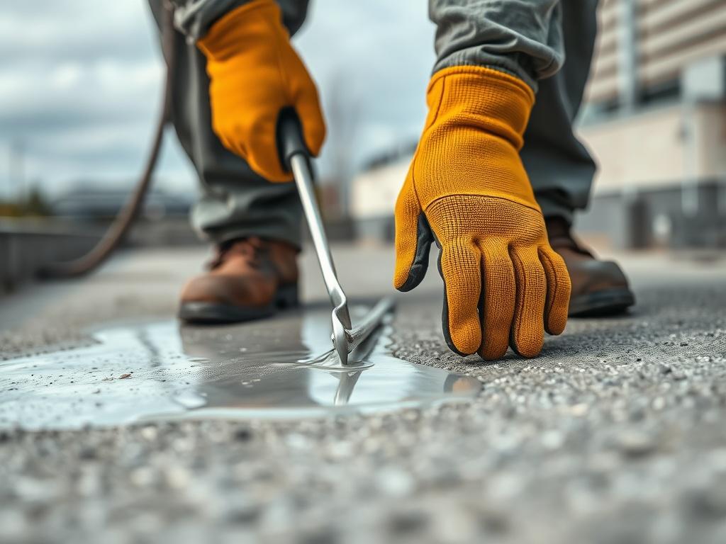 A close-up shot of a concrete foundation being treated with a waterproofing sealant. The image shows a worker applying a clear membrane to a concrete surface, highlighting the texture of the concrete and the sheen of the liquid sealant. The background is a blurred outdoor setting, emphasizing the focus on the waterproofing process, with a color palette that includes shades of gray and the primary color rgba(0, 96, 156, 1). The worker is wearing safety gloves and is fully engaged in the application.