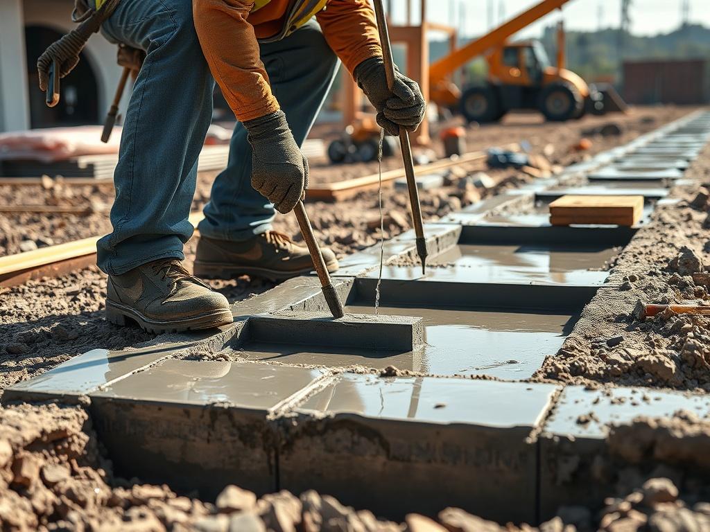 A construction site showing a skilled worker pouring concrete for footings, foundation walls, and slabs. The scene is busy with construction equipment in the background, and the worker is focused on ensuring everything is poured to specification. The concrete is wet and shiny, reflecting the sunlight, with tools and materials neatly arranged nearby. The image captures the essence of precision and craftsmanship in the foundation work for new builds and additions.