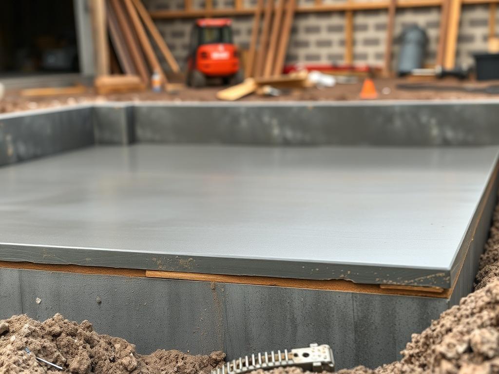 A close-up shot of a freshly poured concrete foundation with visible footings, foundation walls, and slabs. The background features a construction site with tools and equipment subtly blurred out. The image should emphasize the smooth, even surface of the concrete, showcasing the precision and quality of the work. The color scheme should incorporate shades of gray and earth tones, compatible with the rgba(0, 96, 156, 1) primary color.