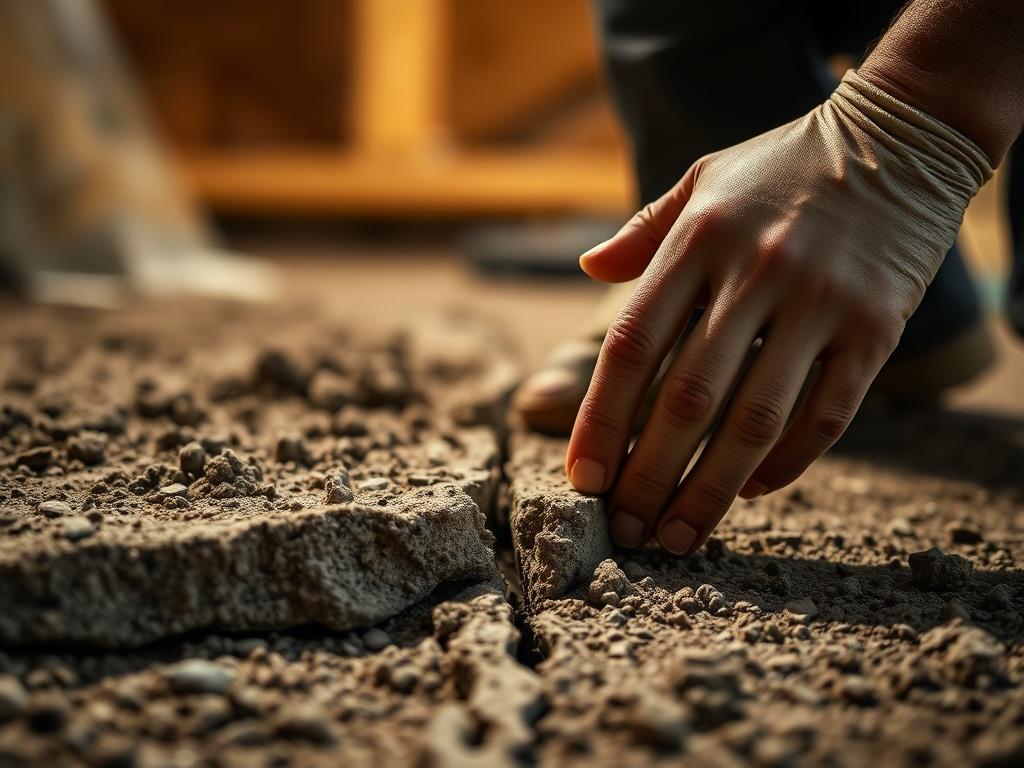 A close-up shot of a professional assessing a foundation crack in a home, with a focus on the crack itself, showcasing detailed textures and colors. The background should be a well-lit area of the home’s foundation, emphasizing the importance of foundation maintenance. The image should convey a sense of professionalism and expertise, shot with a 45mm f/1.2 lens to create a hyper-realistic effect.