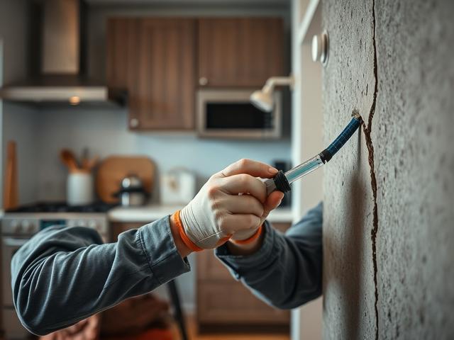 Create a realistic high-resolution photo that visually represents the theme of the blog titled "What is the Difference Between Epoxy and Polyurethane Crack Injection?" The composition should feature a close-up shot of an expert applying epoxy crack injection in a kitchen setting. 

The singular subject in the image should be a skilled kitchen remodeler, wearing professional work attire, focused intently on injecting epoxy into a visible crack in a concrete wall. Ensure that the remodeler's hands are highly 