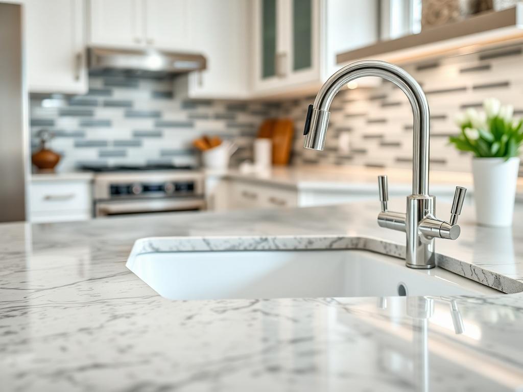 **Prompt for AI Image Generator:**

Create a highly realistic, high-resolution close-up photograph showcasing a beautifully remodeled kitchen with an emphasis on proper waterproofing techniques. The main subject should be a sleek, modern kitchen sink area featuring a premium, water-resistant countertop made of granite or quartz. Focus on the intricate details of the sink, including its seamless integration with the countertop and the absence of watermarks, signifying effective waterproofing.

In the backgro