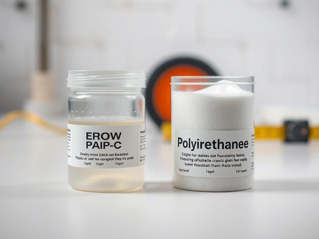 Create a realistic high-resolution photograph that depicts a close-up of two distinct crack injection materials side by side on a clean, white surface. One side should feature a small container of clear epoxy resin with a smooth, glassy texture, while the other side displays a container of polyurethane foam that appears slightly frothy and flexible. The background should be softly blurred to focus attention on the materials, with subtle hints of a construction workspace—such as a measuring tape or a mixing 