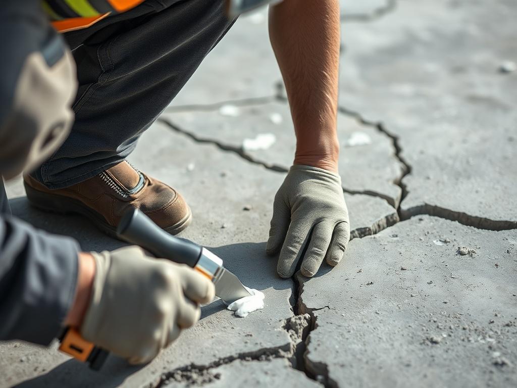 A close-up shot of a skilled contractor repairing cracks in concrete. The contractor is focused on using a concrete patching compound to fill in the cracks. The background shows a partially completed concrete surface with visible spalling. The lighting is bright and emphasizes the textures of the concrete and the contractor's tools, showcasing professionalism and attention to detail.