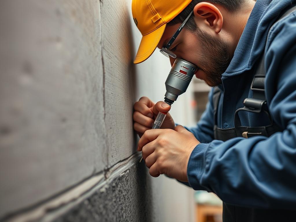 A detailed close-up shot of a technician performing crack injection on a foundation wall. The technician is focused on sealing a visible crack with a specialized injection tool. The background shows a clean, well-lit workshop environment, emphasizing professionalism. The image should highlight the texture of the foundation, showcasing the crack and the injection process clearly, with a hyper-realistic style.