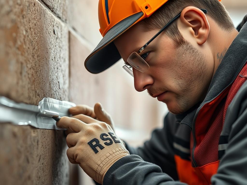 A close-up shot of a professional waterproofing technician applying a waterproof sealant to a foundation wall, showcasing the texture and detail of the sealant. The background is slightly blurred to emphasize the technician's focused expression and the task at hand. The image is bright and clear, highlighting the importance of waterproofing in home maintenance, with a focus on realistic high-resolution details.