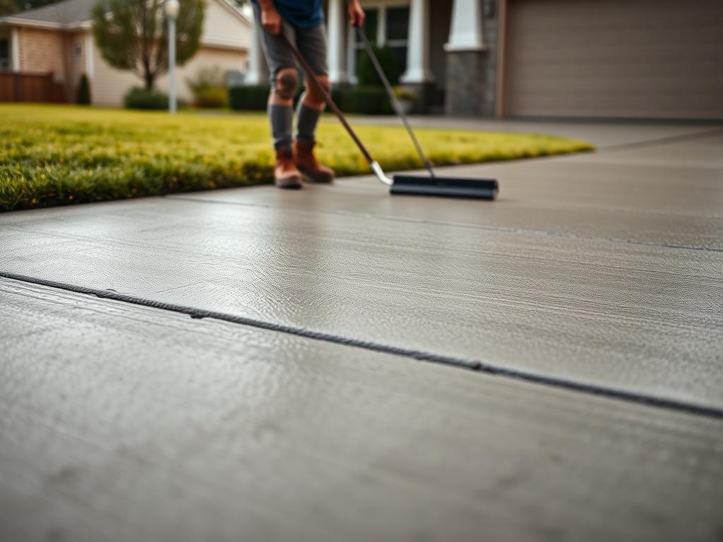 Photorealistic image of a freshly poured and power-troweled concrete driveway in front of a suburban American home, mid-morning natural light, clean crisp edges along the form lines, damp grey concrete surface with subtle sheen, a concrete finisher in work boots and knee pads smoothing the far edge with a bull float, blurred background of trimmed lawn and house siding, shallow depth of field, warm neutral color grade, 4:3 landscape, no text, no logos, no watermark.