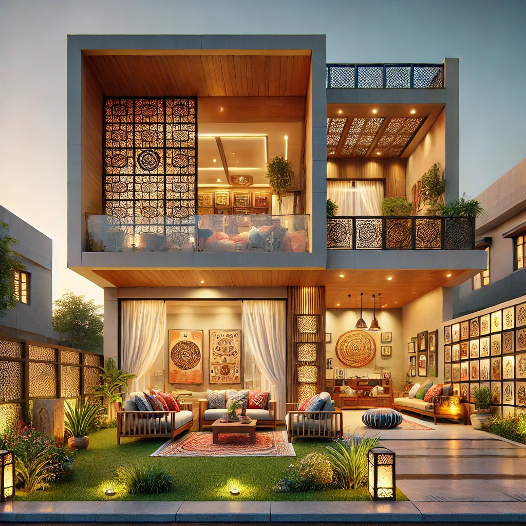 dall·e 2024-11-23 16.31.52 - a realistic depiction of modern home architecture and interior design tailored for an indian audience. the exterior features a contemporary indian hou.webp
