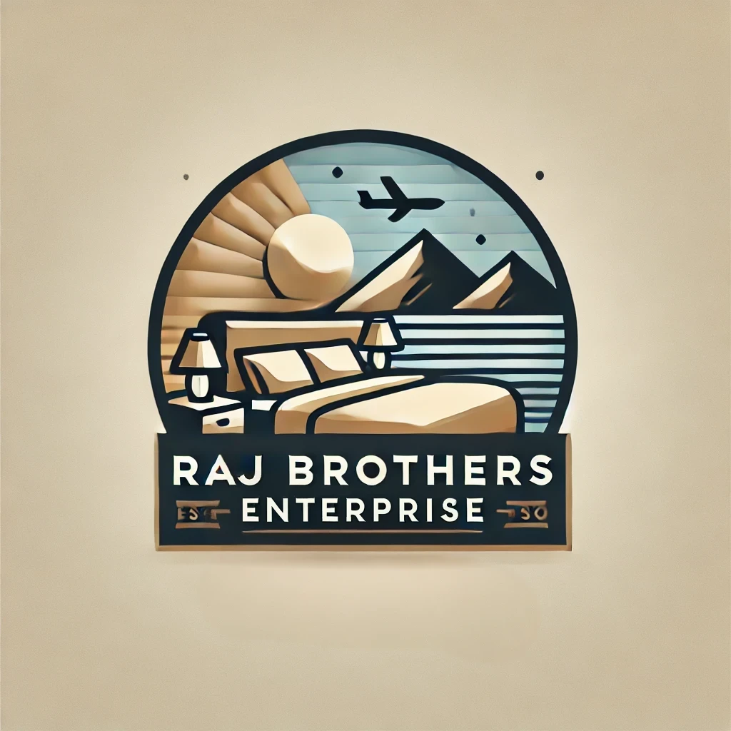 dall·e 2024-11-23 15.23.58 - a professional and elegant logo for 'raj brothers,' removing the word 'enterprise,' and combining elements of luxurious guest rooms and scenic travel .webp