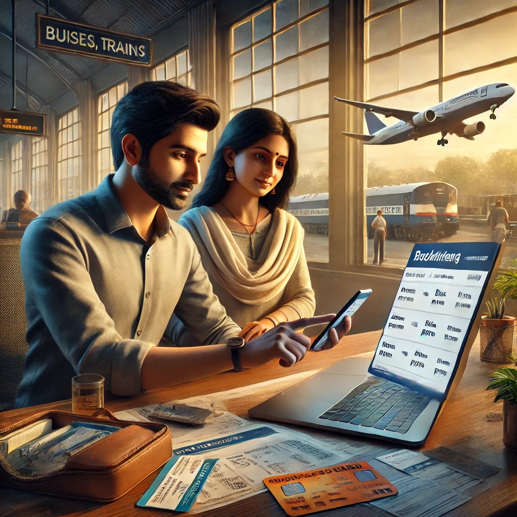 dall·e 2024-11-23 16.29.38 - a realistic depiction of an indian man and woman using a digital ticketing service for buses, trains, and planes. the man is dressed in a smart casual.webp